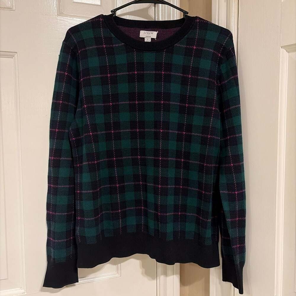 J.Crew Teddie Crewneck Plaid Sweater in Green Black and Pink